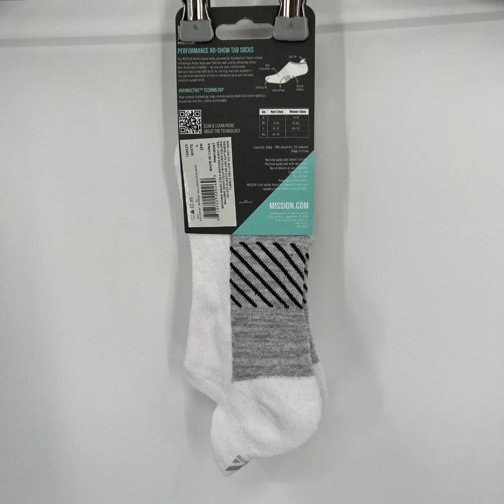 Mission White Performance No-Show Tab Socks sz L Mens 8-12/Womens 10-13 2 Pairs